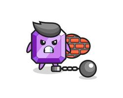 mascota de personaje de piedra preciosa púrpura como prisionero vector
