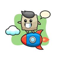 sack mascot character riding a rocket vector