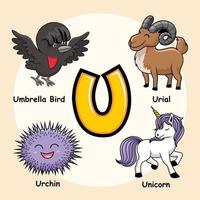 animales alfabeto letra u para unicornio paraguas pájaro urial erizo vector