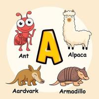 animales alfabeto letra a para hormiga alpaca oso hormiguero armadillo vector