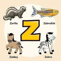 animales alfabeto letra z para cebra zorilla pez cebra zonkey vector