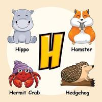 Animals Alphabet Letter H for Hedgehog Hamster Hippo Hermit Crab vector