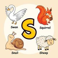 Animals Alphabet Letter S for Squirrel Sheep Swan Snail vector