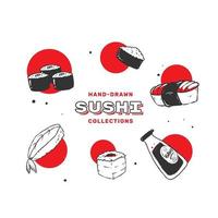 Hand drawn sushi illustration in black and red color vector