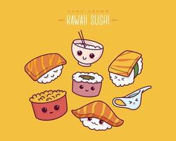 Hand drawn various kawaii sushi, onigiri, sashimi. vector