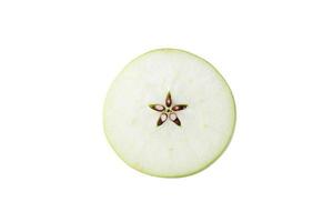 Green apple with green leaf and cut slice with seed isolated on white background photo