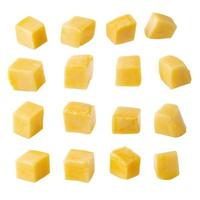 Rip mango slice cubes cut Mango half cut in cubes Fresh juicy mango fruit isolated on a white background photo