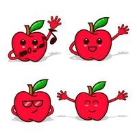 Conjunto de manzana roja con carácter emoticon aislado con mano y cara vector
