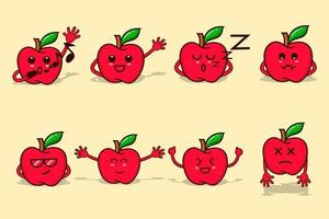 Conjunto de manzana roja con carácter emoticon aislado con mano y cara vector