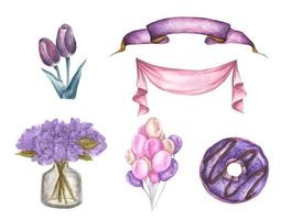 Cute watercolor romantic illustration set of design elements. vector