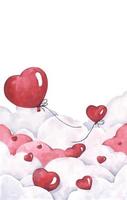 Flying valentines red heart balloons on the sky. Watercolor. vector