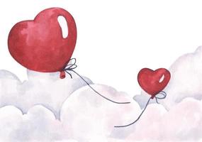 Flying valentines red heart balloons on the sky. Watercolor. vector