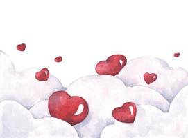 Red hearts shape on clouds. Watercolor illustration. vector