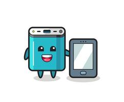 power bank illustration cartoon holding a smartphone vector