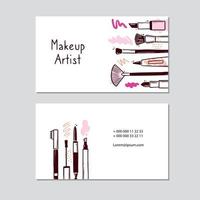 tarjeta de visita con elementos cosméticos de belleza de maquillaje. vector