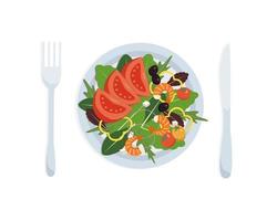 Shrimp salad, mixed, olives, tomatoes, close-up, top view. vector