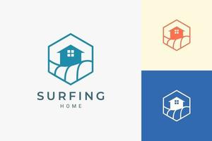 Ocean or beach theme resort logo in simple line and hexagon shape vector