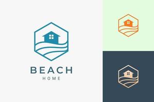 Sea or beach theme hotel logo in simple line and hexagon shape vector