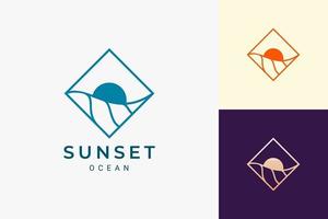 Ocean or surf logo in simple rhombus with wave and sun shape vector