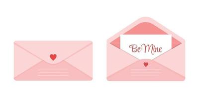 open, closed pink envelope set. Cute love letter with note - Be Mine. vector