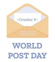 World Post Day 9 October banner with open envelope with note. vector