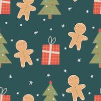 Patrón de Navidad sin fisuras con regalos de hombre de jengibre de árbol de Navidad vector