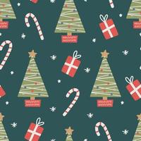 Seamless Christmas pattern with tree, candy and gifts vector