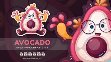 Cartoon character happy avocado - cute sticker. vector