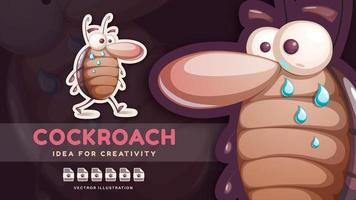 Cartoon character animal sad cockroach - cute sticker. vector