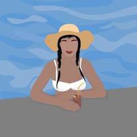 chica con sombrero en la piscina. vector