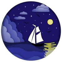 Sailboat in the sea. Seascape by night in paper cut style. vector