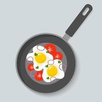 Scrambled eggs with tomatoes, parsley and onion in a frying pan. vector