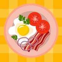 Scrambled eggs with bacon, tomatoes, parsley and onion. vector