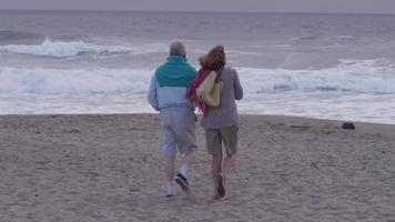 casal sênior caminhando na praia juntos