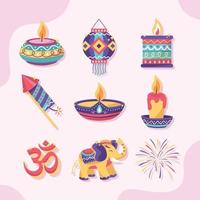 colección de iconos de diwali en estilo de color plano vector