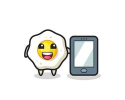 fried egg illustration cartoon holding a smartphone vector