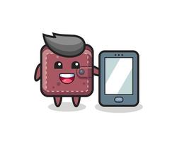 caricatura de ilustración de billetera de cuero sosteniendo un smartphone vector