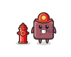 Mascot character of leather wallet as a firefighter vector