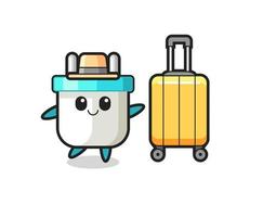 electric plug cartoon illustration with luggage on vacation vector