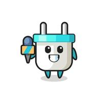 Mascota de personaje de enchufe eléctrico como reportero de noticias. vector