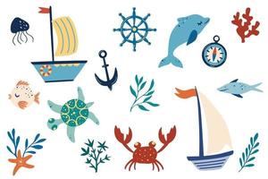 Marine items set. Ships, dolphins, algae, fish, crabs, anchor. vector