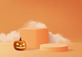 3d halloween minimal smoke and pumpkin podium for products background vector