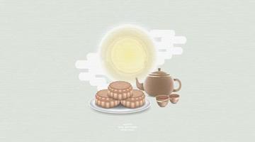 Mid Autumn festival with chinese tea pot and moon, mooncake. vector