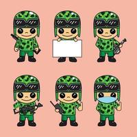 lindo paquete de dibujos animados del ejército de soldaditos con varias poses vector