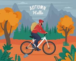 el hombre viaja en bicicleta en otoño. tiempo para viajar. ilustración vectorial vector
