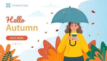 Woman with umbrella in the rain at autumn. Vector illustration