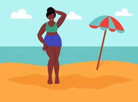 Young curvy woman on the beach. Body positive, self-love. vector