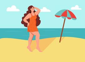Young curvy woman on the beach. Body positive, self-love. vector