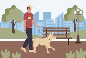 A young man walks with his dog in the park. Flat vector illustration