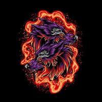 Twin Wolf Head With Fire vector